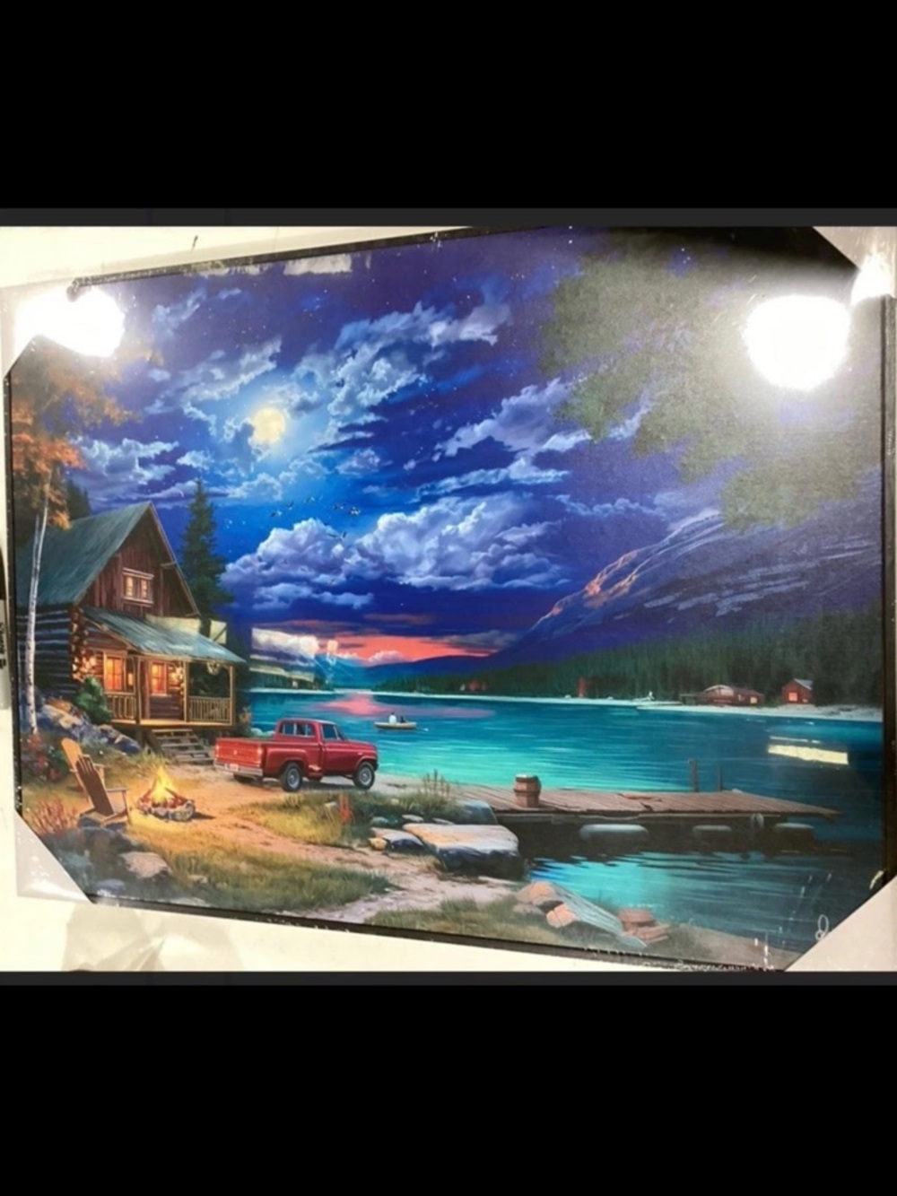 Lakefront Cabin Wall Art – 24x18 Inch Rustic Lake Scene with Vintage Truck - Picture 2 of 3